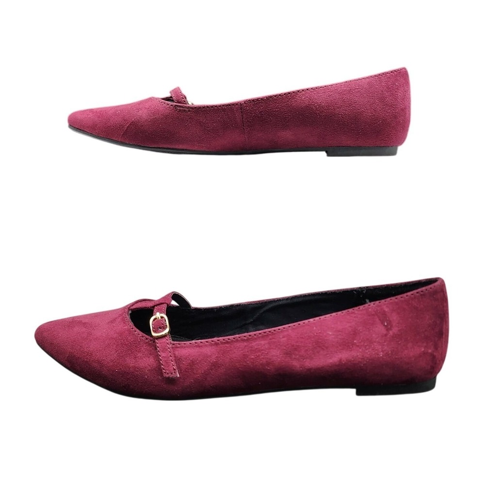 Fioni Pointed Toe Mary Jane Flats Womens 8.5 Burgundy Faux Suede Buckle Strap - Picture 2 of 8